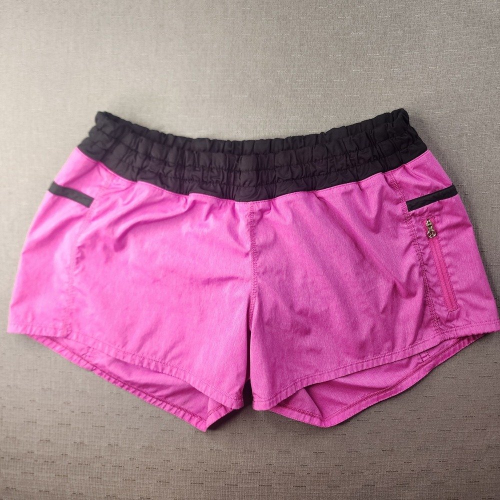 Lululemon Tracker Running Shorts Womens Pink Black Elastic Waist Zipper Pocket